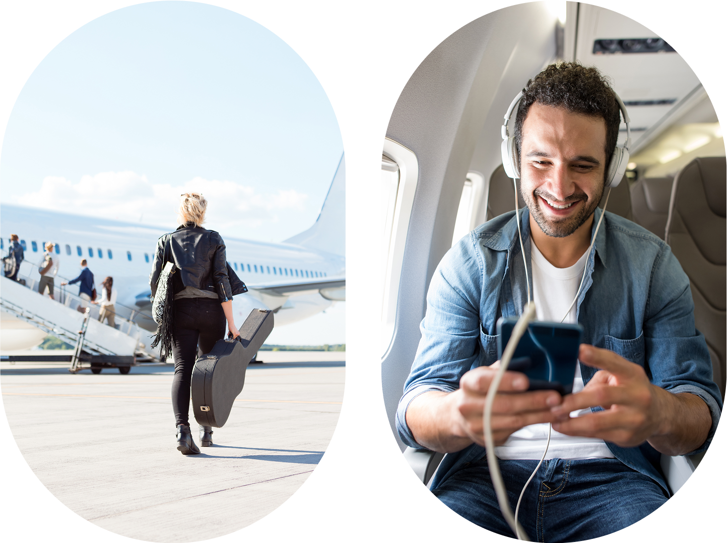 Traveler boarding plane; man enjoying music onboard.